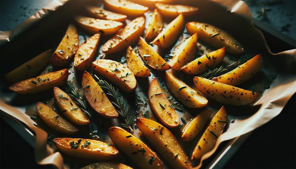 Rauwe aardappelen uit de oven aftoppen met kruiden