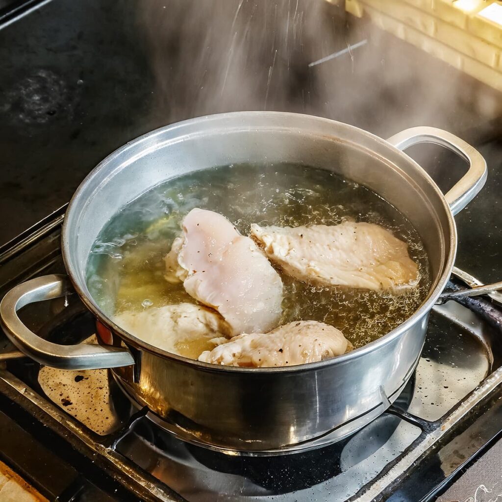 Stap 2 voeg kipfilet toe aan het water of bouillon