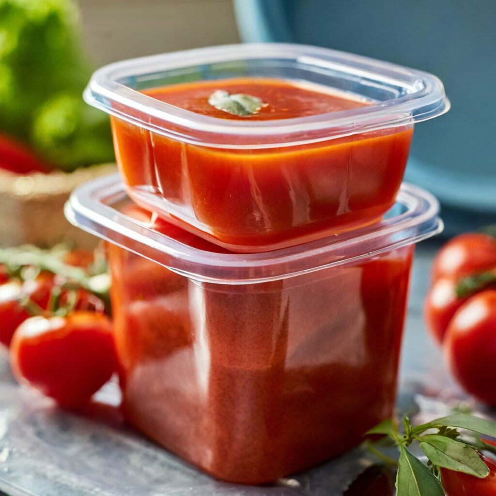 Zelfgemaakte tomatensaus kun je makkelijk bearen in plastic afsluitbare verpakking