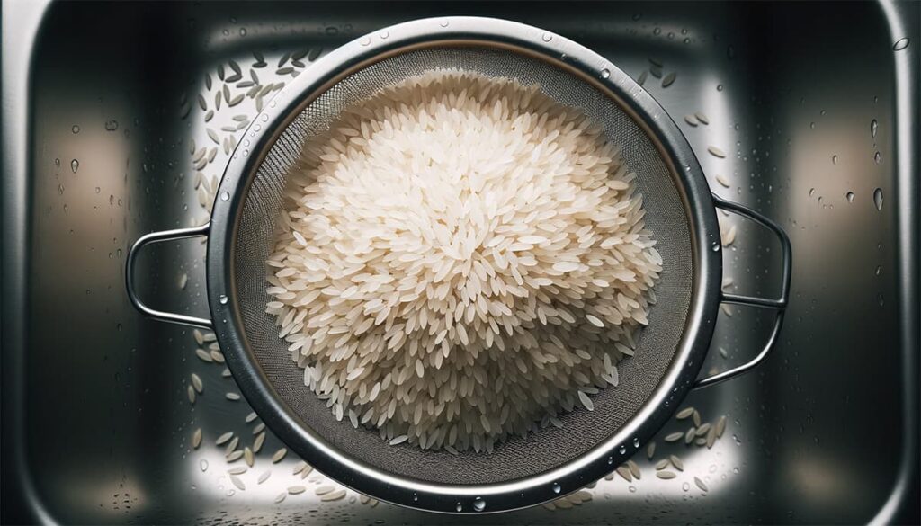 Rijst maak je klaar door de rijst eerst te wassen in een zeef