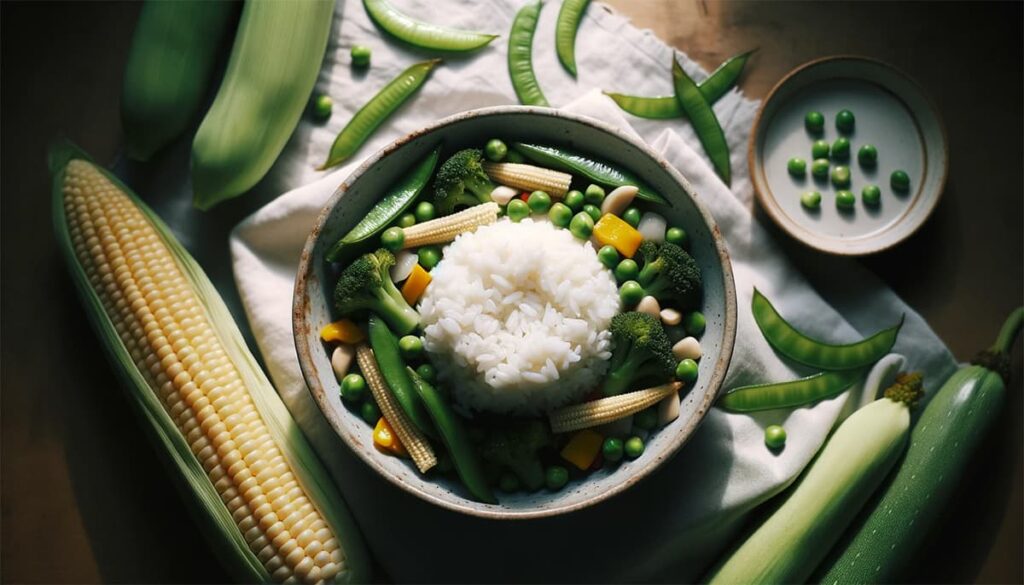 Voeg een kleurrijke mix van gestoomde of geroerbakte groenten toe aan je rijstschotel