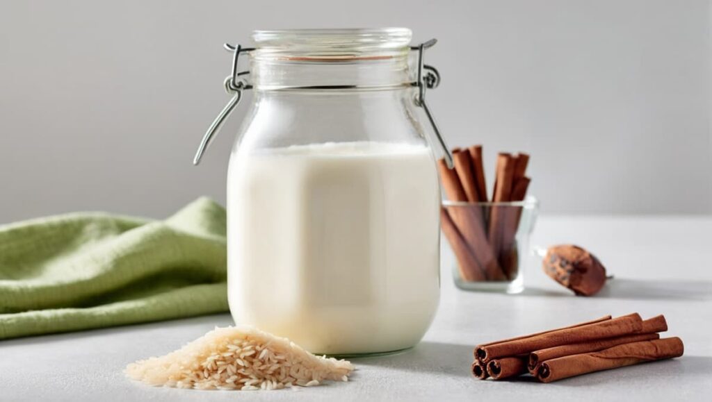 Ingredienten voor rijstepap - rijst, melk suiker en eventueel kaneel