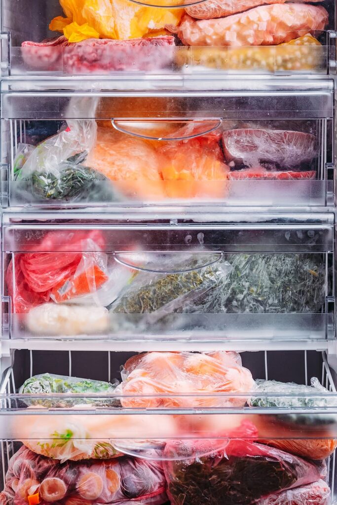 Verschillende soorten diepgevroren groenten in plastic zakken in een koelkast