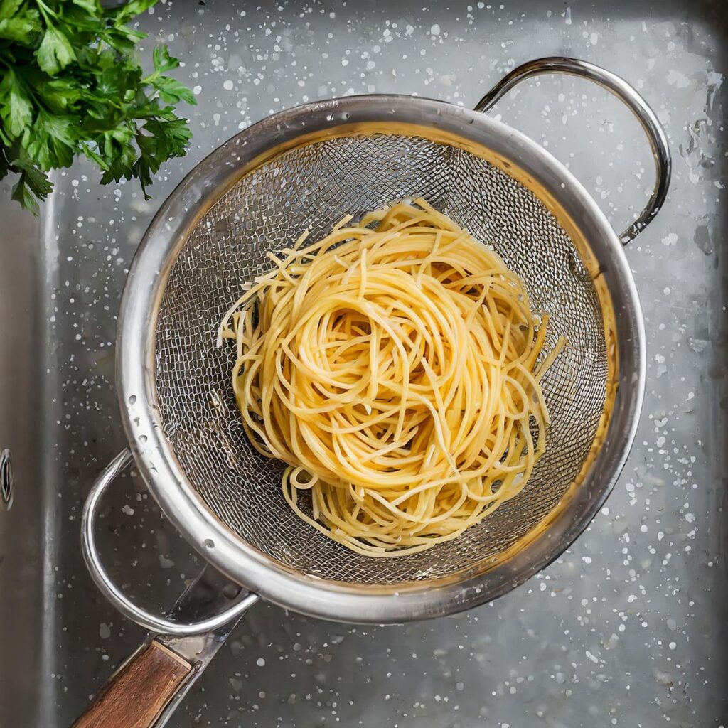Giet de pasta af in een zeef