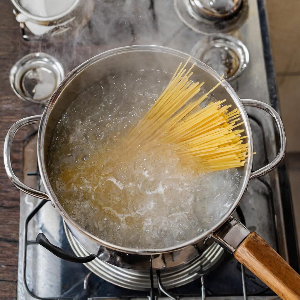 Zout toevoegen aan het kokende water en daarna de pasta