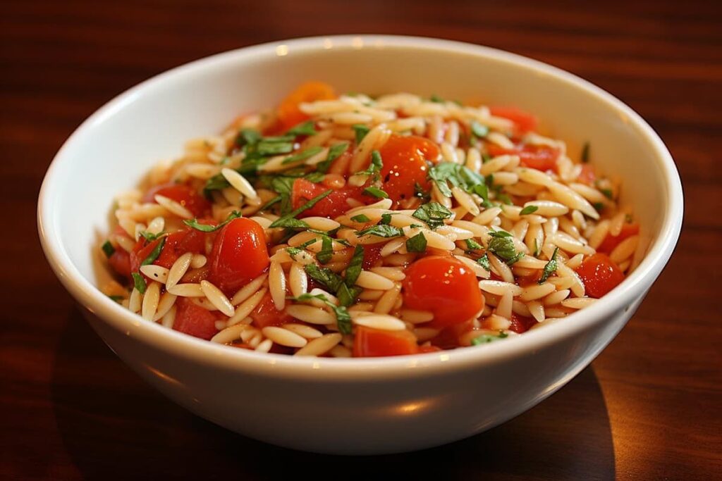 Orzo salade met basilicum olijfolie en tomaatjes