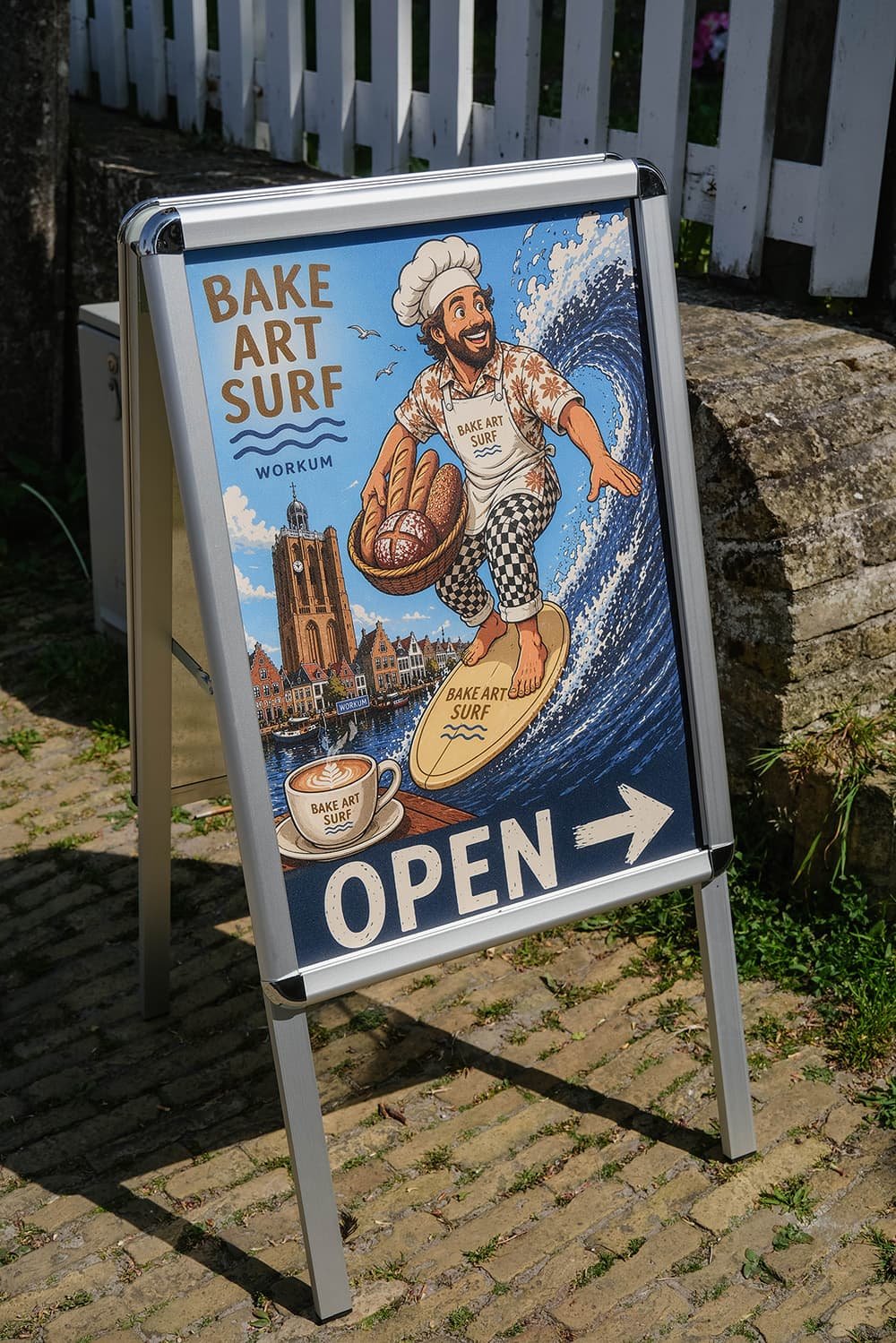 Niet te missen, Bake Art Surf, het bord op straat als wegwijzer